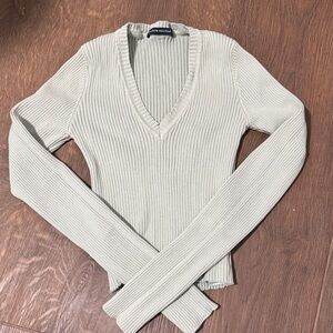 Brandy Melville Light Sage Ribbed V-Neck Sweater